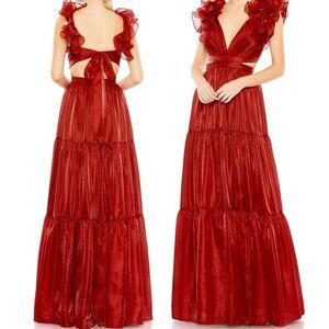 NWT Mac Duggal 49528 Burgundy Wine Red Ruffle Chiffon Cutout Tiered Maxi Dress 2